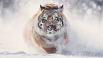 Snowbound Predator: The Mighty Tiger in Winter Stock Photo