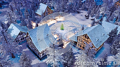 Snowbound town at Christmas winter night top view Cartoon Illustration