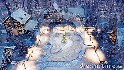 Snowbound village at Christmas night aerial view Cartoon Illustration