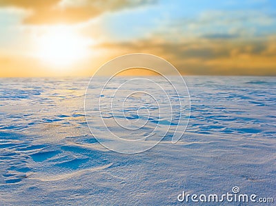 snowbound winter plain at the sunset Stock Photo