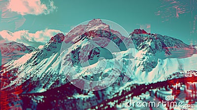 A snowcapped mountain range with the addition of a digital glitch effect creating a unique and modern twist on a Stock Photo