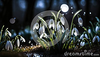 Snowdrops, bokeh background, copy space for text, beginning of spring, macro close-up of snowdrops Stock Photo