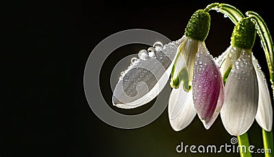 Snowdrops, bokeh background, copy space for text, beginning of spring, macro close-up of snowdrops Stock Photo