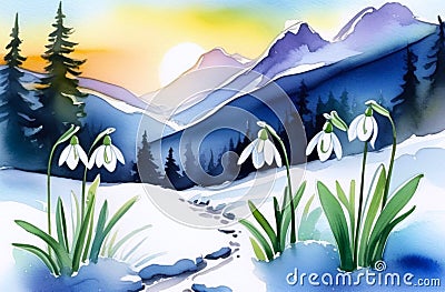 Snowdrops emerging through snow close up with mountain landscape background . Spring,winter blooms. Stock Photo