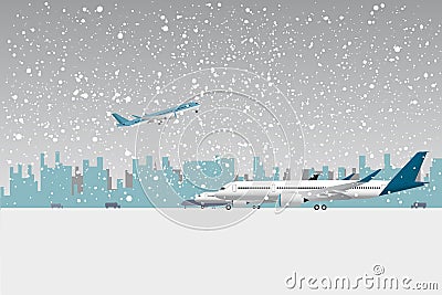 Snowfall in airport. Vector Illustration