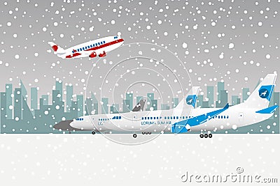 Snowfall in airport.Take off aircraft Vector Illustration