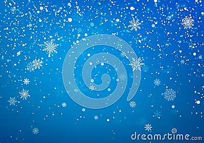 Snowfall Christmas background. Flying snow flakes and stars on winter blue sky background. Winter wite snowflake overlay template Vector Illustration