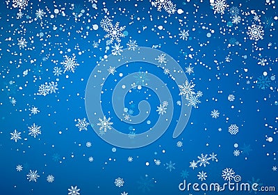 Snowfall Christmas background. Flying snow flakes and stars on winter blue sky background. Winter wite snowflake template. Vector Vector Illustration
