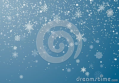 Snowfall Christmas background. Flying snow flakes and stars on winter sky background. Winter wite snowflake overlay template Vector Illustration