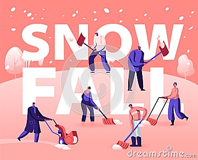 Snowfall Concept. Happy People Shoveling and Removing Snow from Street Using Shovel and Snowblower for Cleaning Road Vector Illustration