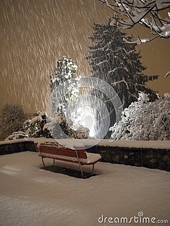 Snowfall in the evening Stock Photo
