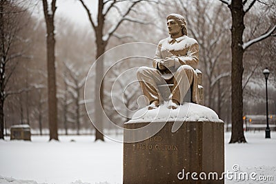 Snowfall on an old stone statue Stock Photo