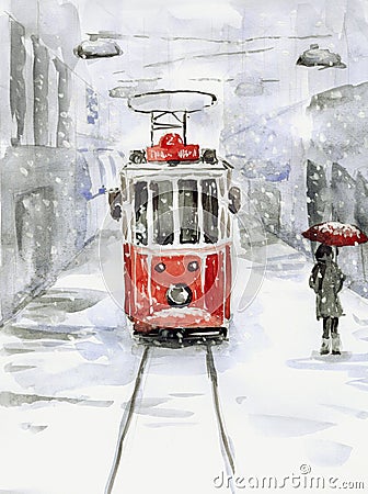 Snowfall and old tram Stock Photo