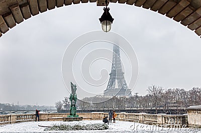 Snowfall over Pont Bir-Hakeim - Paris, France Editorial Stock Photo