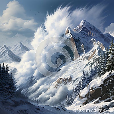 The Snowfall Scream - Breathtaking Mountainscape Engulfed in Avalanche Stock Photo