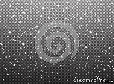 Snowfall, vector snowflakes on transparent background. Realistic falling snowflakes, abstract texture of snow Vector Illustration