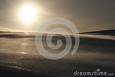 Snowfield in the rays of winter sun. Stock Photo