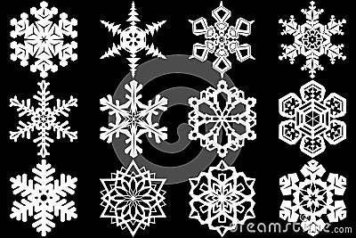 Snowflake Collection: A captivating close-up of an elegant collection of snowflakes, each one unique and intricate, isolated Stock Photo