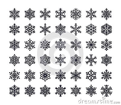 Snowflake flat icons set. Collection of cute geometric snowflakes, stylized snowfall. Design element for christmas or Vector Illustration