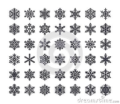 Snowflake flat icons set. Collection of cute geometric snowflakes, stylized snowfall. Design element for christmas or Vector Illustration