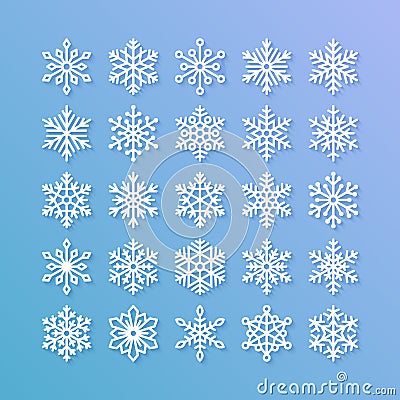 Snowflake flat icons set. Collection of cute geometric snowflakes, stylized snowfall. Design element for christmas or Vector Illustration