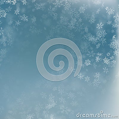 Snowflake flying, card or banner with snow elements, flakes confetti scatter. Cold weather winter symbols. EPS 10 Vector Illustration