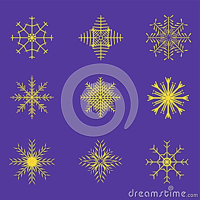 Snowflake group on isolated blue background, Cute snowflakes collection isolated on white background. Flat snow icons, silhouette Stock Photo