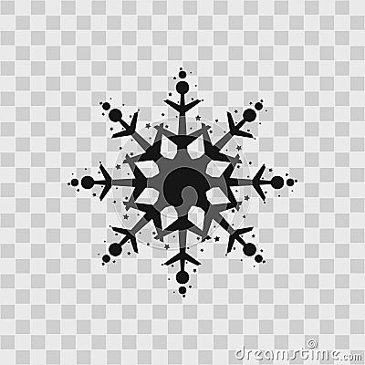 Snowflake icon. Black silhouette snow flake sign, isolated on gry background. Flat design. Symbol of winter, frozen, Christmas, Cartoon Illustration