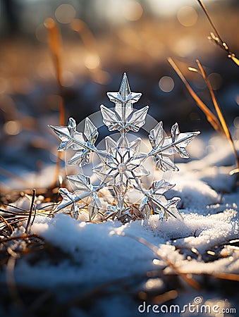 Snowflake Melting on Grass: A Winter's Ephemeral Beauty Stock Photo