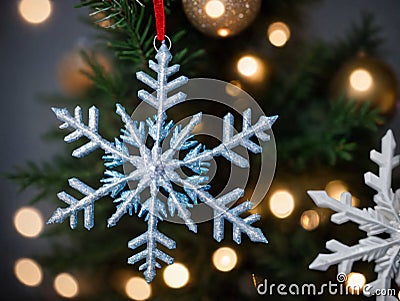 A Snowflake Orname Is Hanging On A Christmas Tree. Generative AI Stock Photo