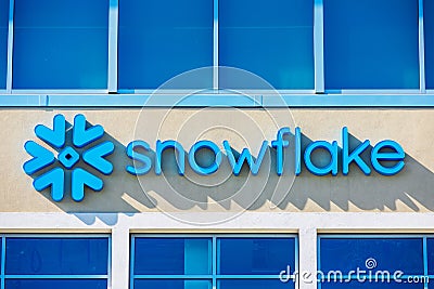 Snowflake sign, logo on the company corporate headquarters in Silicon Valley. Snowflake Inc. is a cloud-based data-warehousing Editorial Stock Photo