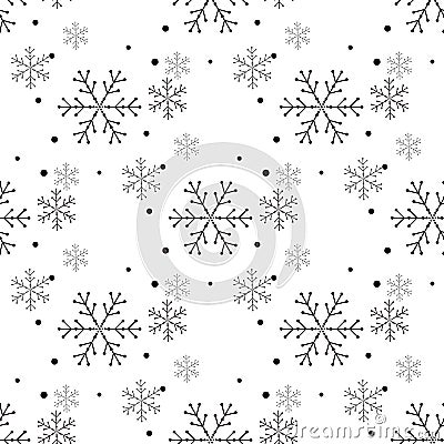 Snowflake simple seamless pattern. Black snow on white background. Abstract wallpaper, wrapping decoration. Symbol of Vector Illustration