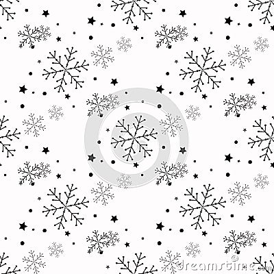 Snowflake simple seamless pattern. Black snow on white background. Abstract wallpaper, wrapping decoration. Symbol of Vector Illustration