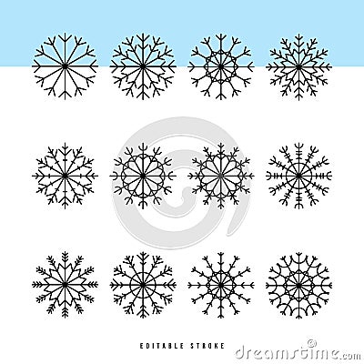 Snowflake thin line icons set. Outline web sign kit of snow. Winter linear icon collection as crystal, hexagon, ice, snowy pattern Vector Illustration