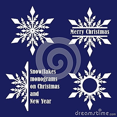 Snowflake and three kinds of monogram from one snowflake for Christmas. Horizontal, round and side frames for your text Vector Illustration