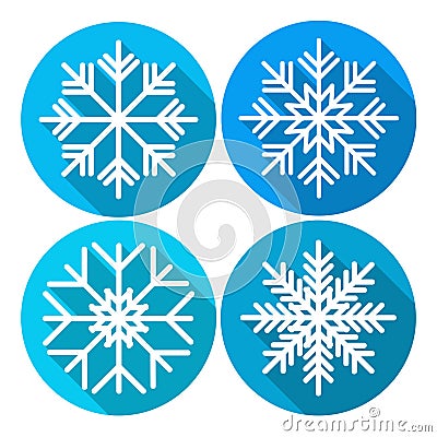 Snowflake White Flat Icon Set Over Blue Winter Background Vector Illustration