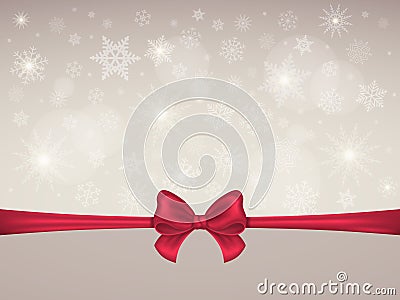 Snowflakes background with Red satin bow and ribbon. Winter Christmas New Year Background card or banner. Vector Vector Illustration