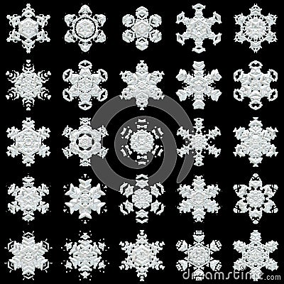25 snowflakes on black background Stock Photo
