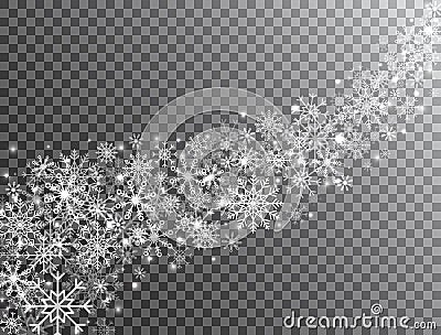 Snowflakes border in wave shape on transparent background. Glitter white snowflake and snow. Magic snowfall. Merry Vector Illustration