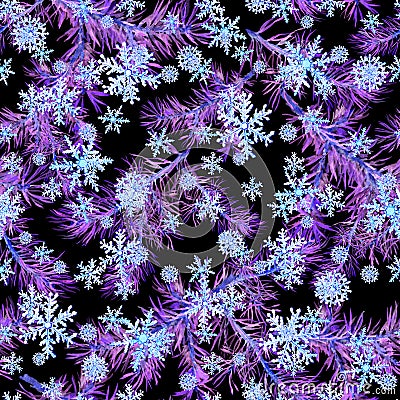 Snowflakes, fir christmas tree branches in neon light. Seamless pattern for christmas design. Glowing watercolor on Stock Photo