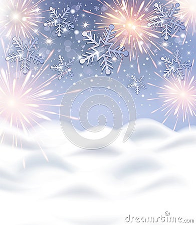 Snowflakes and firework background with snow drift for Happy New Year celebration Vector Illustration