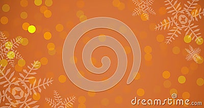 Snowflakes and glowing lens flare on abstract orange background Stock Photo