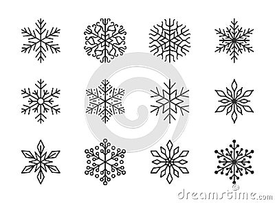 Snowflakes isolated on white background. Doodle line snow icons, hand drawn silhouette. Design element for christmas Vector Illustration