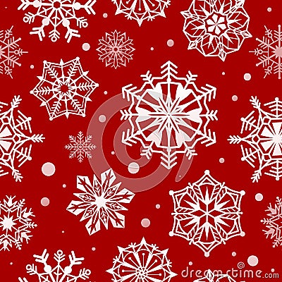 Snowflakes seamless pattern. Abstract christmas snow wallpaper, xmas decorative frost design. Red and white winter Vector Illustration