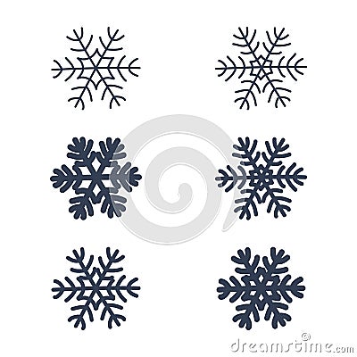 Snowflakes signs set. Black snowflake icons isolated on white background. Snow flake silhouettes. Symbol of snow Vector Illustration