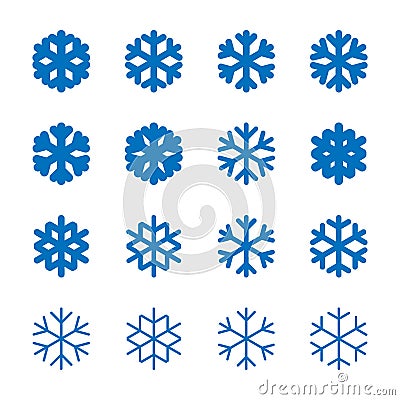 Snowflakes signs set. Blue Snowflake icons isolated on white background. Snow flake silhouettes. Symbol of snow, holiday Vector Illustration