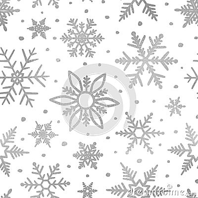 Snowflakes silver glitter. Winter background. Elegant seamless pattern. Marble silver texture. Beautiful delicate snow backdrop. F Vector Illustration