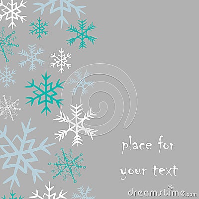 Snowflakes stripe on the left side with place for your text. Vector illustration of blue and white snowflakes on grey background Vector Illustration