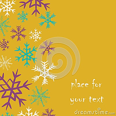 Snowflakes stripe on the left side with place for your text. Vector illustration of pink, turquoise and white snowflakes on bright Vector Illustration