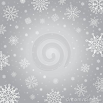 Snowflakes winter background. Holiday silver frost snowflake template, cold falling snowflake crystals vector backdrop Vector Illustration